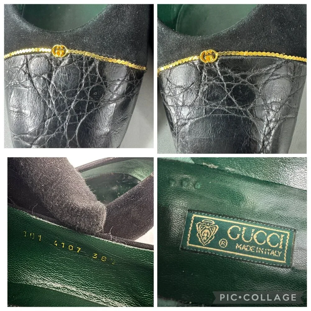 Authentic Gucci 70's-80's Black Suede/Leather w/ Micro GG Logo Pumps, Size 38.5 - Picture 13 of 14